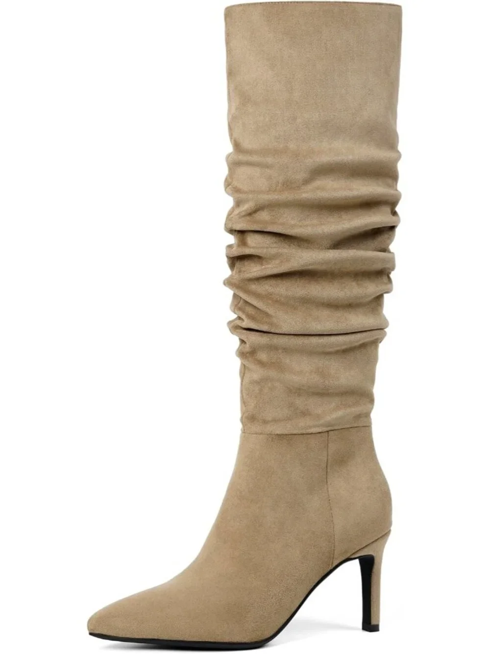 Women's Slouchy Camel Suede Pointed Toe Faux Leather Stiletto Over The Knee Boot